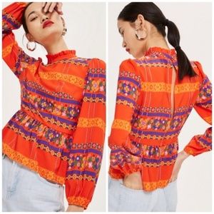 Topshop | Geometric High Neck Peplum Blouse SZ 4  